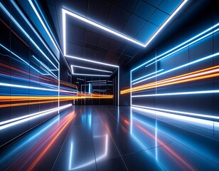 Reflective corridor with vibrant neon lights and streaks of light