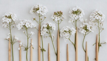 Delicate white flowers arranged artfully among natural wooden knitting needles, creating a serene and minimalist aesthetic.