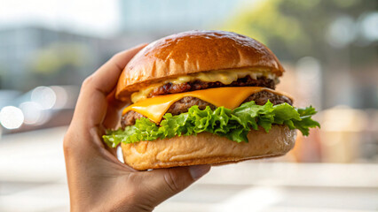A delicious beef cheeseburger with fresh lettuce  on a hand makes an isolated fast food meal
