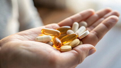 hand gently hold a pill and capsule of medicine, suggesting health or treatment and care