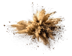 A dynamic, abstract view of an explosion with dust and particles