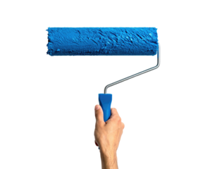 A hand holding a paint roller covered in vibrant blue paint, ready for application