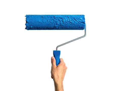 A hand holding a paint roller covered in vibrant blue paint, ready for application