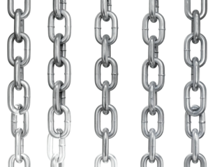 Five vertical silver metal chains hanging against a stark black background