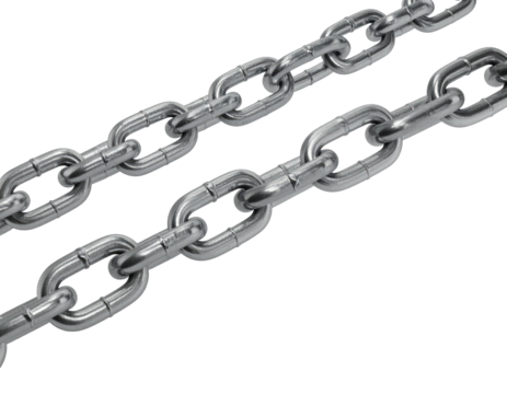 Two shiny metallic chains diagonally across a black background