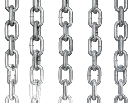 Five vertical silver metal chains hanging against a stark black background