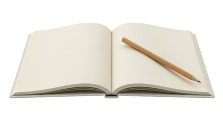 Isolated open notebook with a wooden pencil, empty cream pages ready for writing ideas