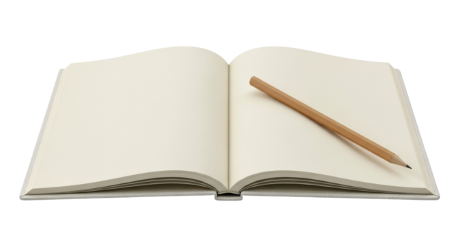 Isolated open notebook with a wooden pencil, empty cream pages ready for writing ideas