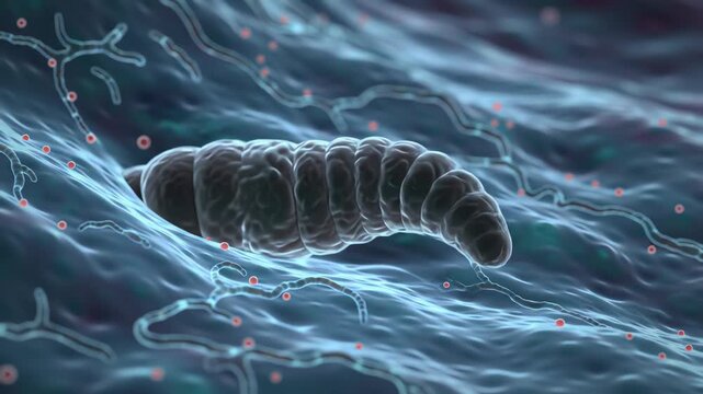 tapeworm inside human intestine, segmented body stretching along mucosal lining