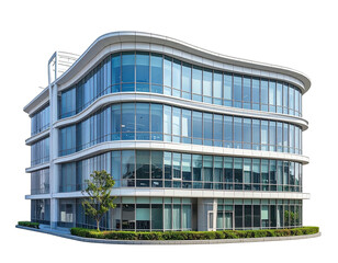 Modern glass-walled office building with curved facade, trees and landscaping