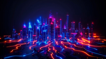 Futuristic neon city skyline with glowing lights and flowing energy networks representing advanced technology and innovation