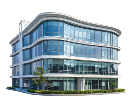 Modern glass-walled office building with curved facade, trees and landscaping