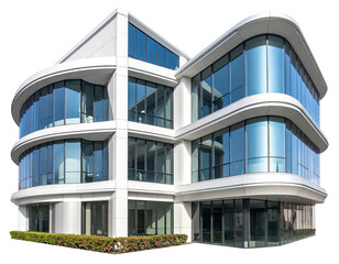 Modern, multi-story office building with curved glass facade, sunny day