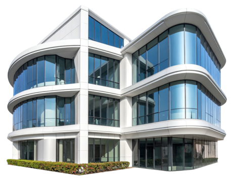 Modern, multi-story office building with curved glass facade, sunny day