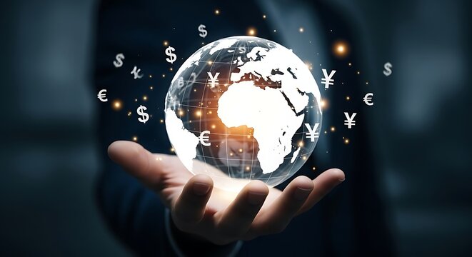 Person holding a glowing Earth with currency symbols in a dark background hand globe
