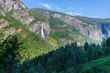 Views seen from the famous railway Flamsbana, which is the steepest standard gauge railway line in...