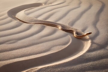 A desert snake slithers across a sunlit dune, its slender body partially buried as it moves, leaving a delicate trail of winding patterns in the sand