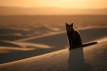 A black cat stands on a sand dune, its gaze focused directly towards the camera. The surrounding landscape glows in orange and brown, with soft shadows stretching across the textured dunes