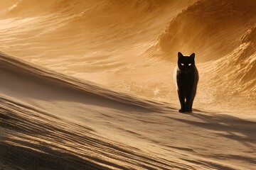 A black cat stands on a sand dune, its gaze focused directly towards the camera. The surrounding landscape glows in orange and brown, with soft shadows stretching across the textured dunes