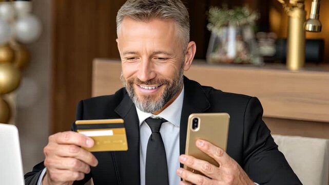 Man in suit smiles while paying online with credit card and smartphone in a modern office setting