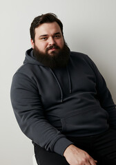 Fototapeta premium Overweight man with beard and acne scars, sitting pose, white background
