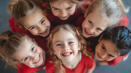 Smiling pupils looking down at the camera.