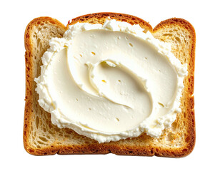 Close-up of toasted bread slice with generous swirls of smooth, white spread