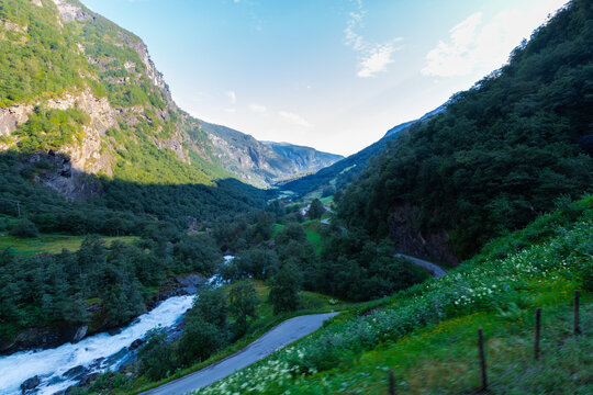 Views seen from the famous railway Flamsbana, which is the steepest standard gauge railway line in the world and runs through spectacular scenery and stunning views of Western Norway. The train runs f