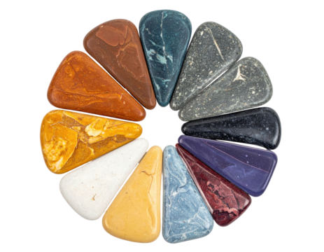 A circular arrangement of various polished gemstones in a vibrant palette