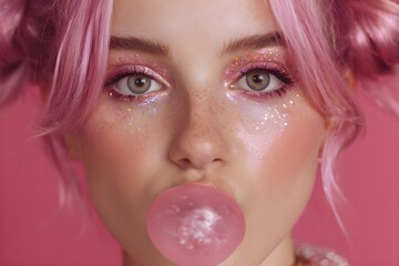 Close-up shot of a girl with pink hair in two buns and pink iridescent makeup with a pink bubble gum in her mouth