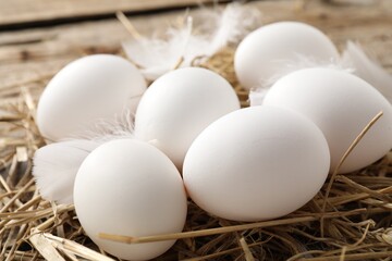 Raw chicken eggs, feathers and straw on table, closeup