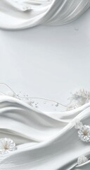 Elegant white fabric drapes, adorned with delicate white flowers and subtle gold accents, create a serene and sophisticated aesthetic.