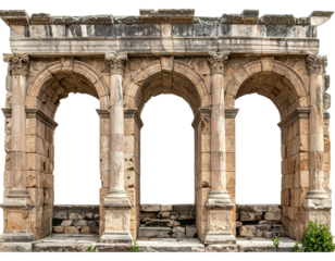 Ancient stone arches with columns, part of a crumbling, weathered facade