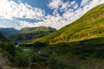 Views seen from the famous railway Flamsbana, which is the steepest standard gauge railway line in...