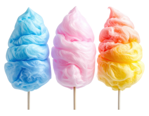 Three fluffy, colorful confections on sticks, isolated on transparent background
