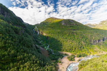 Views seen from the famous railway Flamsbana, which is the steepest standard gauge railway line in...