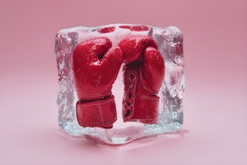 Image of frozen red boxing gloves encased in ice cubes, on a pink background, with cinematic lighting and pastel tones, hyperrealistic image