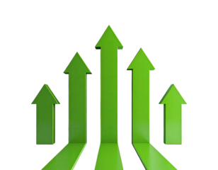 Five green arrows pointing upwards against a black background
