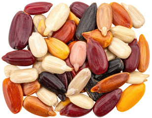 Close-up of a vibrant, diverse mix of sunflower seeds