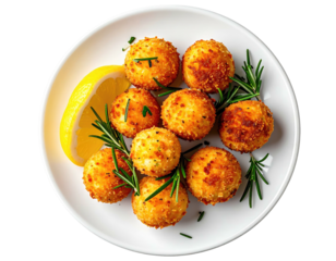 Golden-brown spherical appetizers, lemon, and rosemary on a white plate