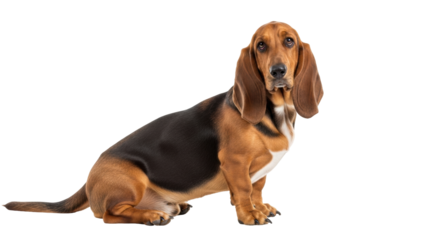 Isolated Basset Hound puppy sits, head raised, droopy ears long and pendulous, dog isolated