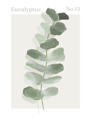 Watercolor eucalyptus leaf poster. Modern retro contemporary art for print.