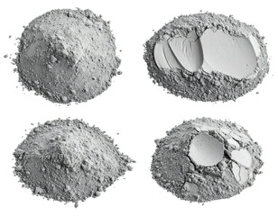 Four views of a gray powder substance, some with indented surfaces