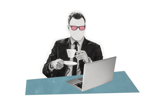 Composite photo collage of faceless businessman drink coffee cup make break sunglass watch macbook screen isolated on painted background