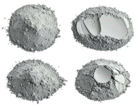 Four views of a gray powder substance, some with indented surfaces