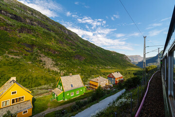 Views seen from the famous railway Flamsbana, which is the steepest standard gauge railway line in the world and runs through spectacular scenery and stunning views of Western Norway. The train runs f