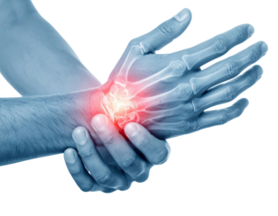 Medical illustration showing arthritis pain in human joint red inflamed swelling discomfort disease anatomy detail isolated on white background
