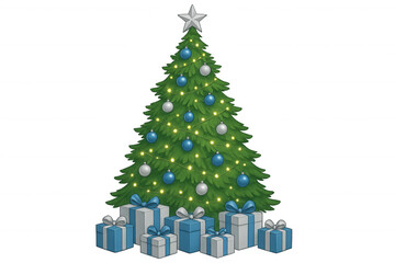 Fototapeta premium Christmas tree decorated with blue and silver baubles, star and string lights, surrounded by gift boxes with bows, transparent background