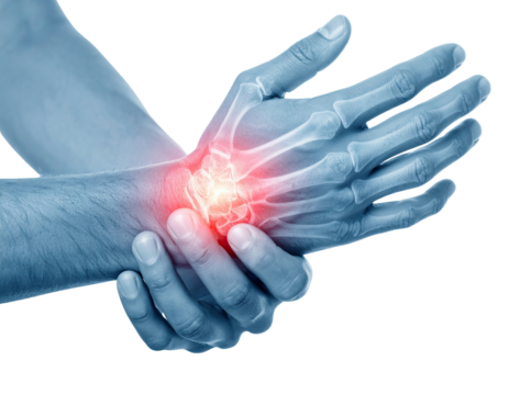 Medical illustration showing arthritis pain in human joint red inflamed swelling discomfort disease anatomy detail isolated on white background
