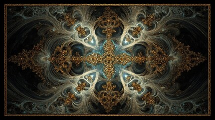 Intricate symmetrical fractal pattern with ornate detailing against a dark backdrop